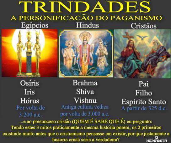 Trindade, a personificação do paganismo.
Osíris, Íris e Hórus, trindade egípcia, por volta de 3.200 ac.
Brahma, Shiva e Vishnu, trindade hindu, por volta de 3.000 ac.
Pai, Fiho e Espírituo Santo, trindade cristão, a partir de 325 dc.
Tendo estes 3 mitos praticamente a mesma história, 
porém os 2 primeiros existindo muito antes que o Cristianismo pensasse em existir, 
por que justamente a história cristã seria a verdadeira?