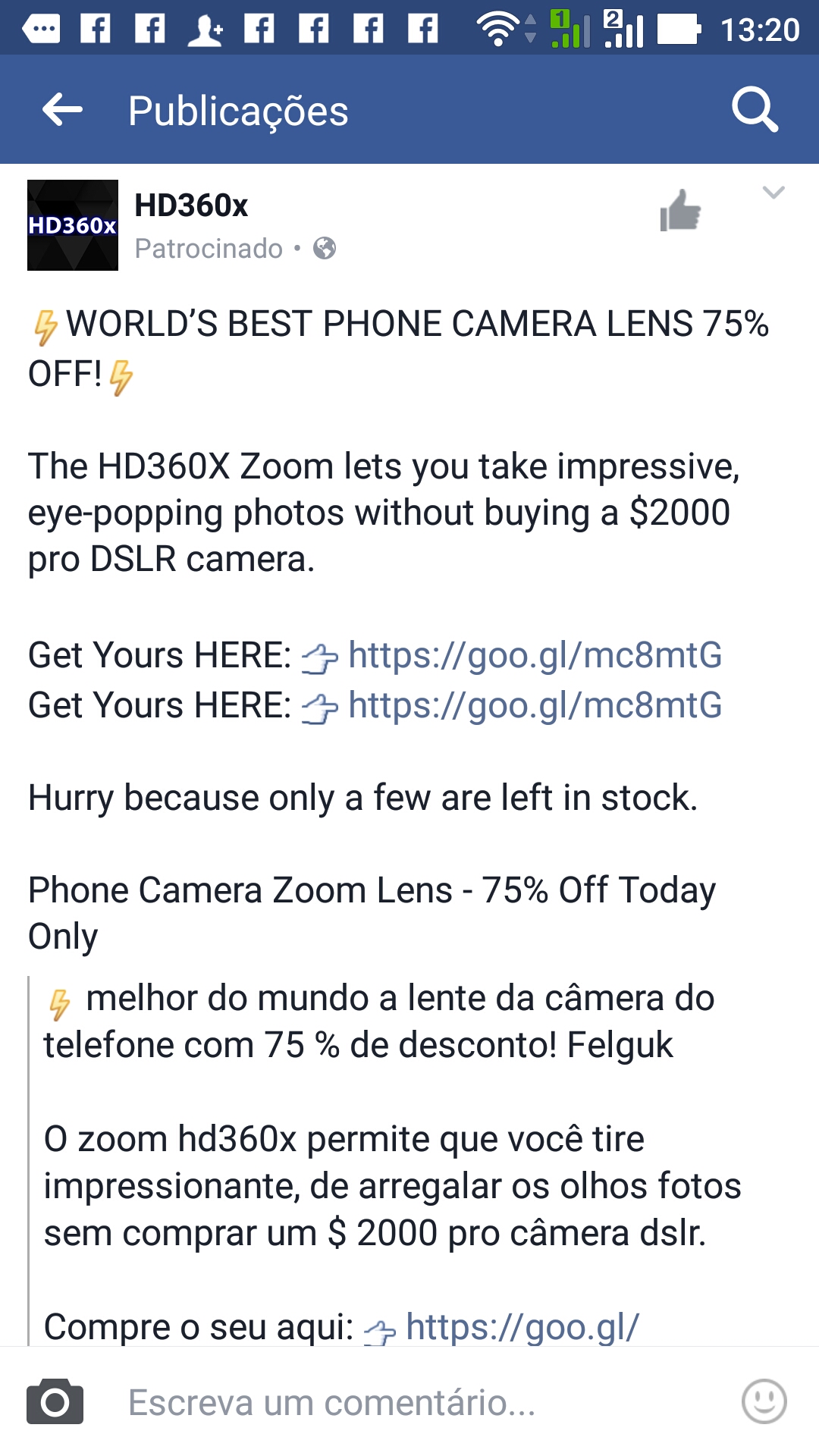 O Zoom hd360x permite que voc tire fotos impressionantes, de arregalar os olhos, sem comprar uma camera por $2000 (dois mil dlares).  S que eles no explicam que a lente que enviam  de 8x apenas, no sendo capaz de produzir uma imagem como a que eles mostram. 