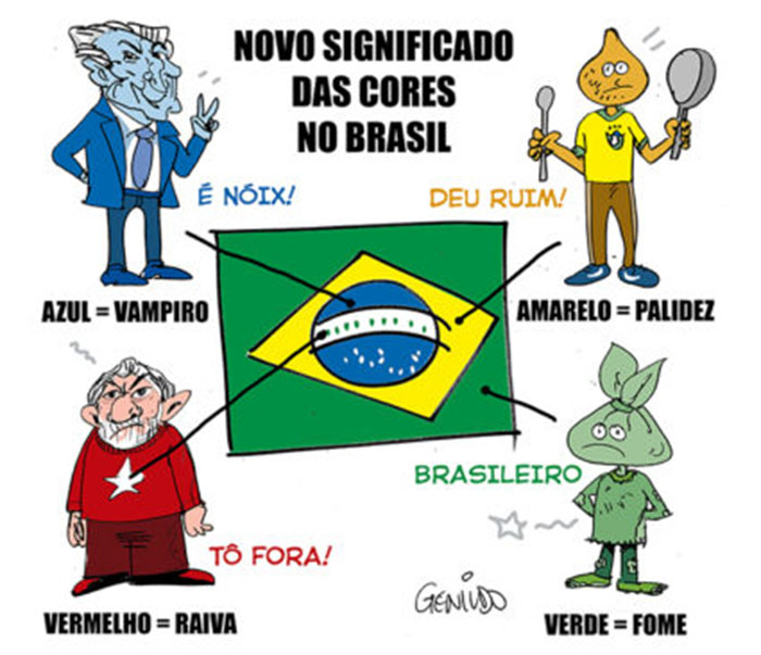 Novo significado das cores no Brasil. Azul=vampiro que suga o sangue do povo.  Amarelo=o pobre plido.  Verde=o miservel que passa fome.  